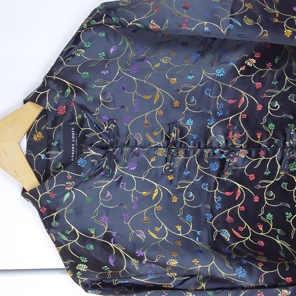 Robert Louis |Black Silk Dark Floral Multi Color Asian Blouse/ Over Coat Small
